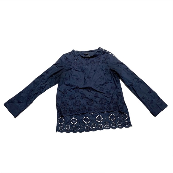 J. Crew Tops - J. Crew Mock Neck Doily Style High Low Blouse Long Sleeve Navy Blue Size 14